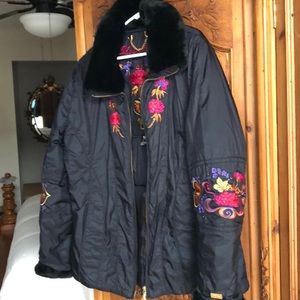 Obermeyer Black Puffer Jacket with Floral Embroidery
